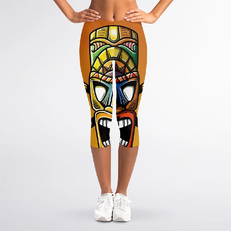 Early Bird Discount Tiki Totem Print Women's Capri Leggings