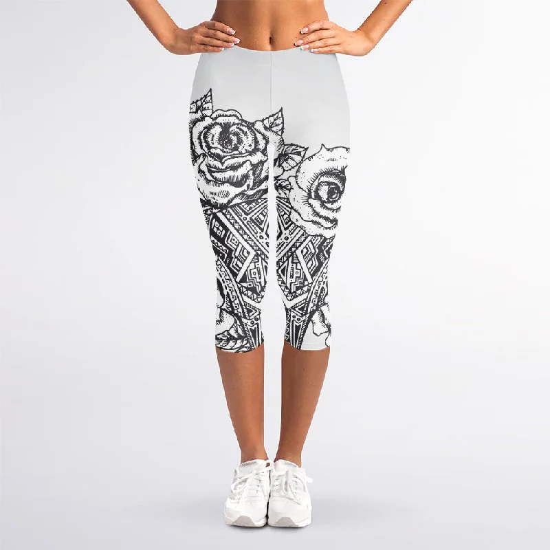 Markdowns Tribal Indian Bull Skull Print Women's Capri Leggings
