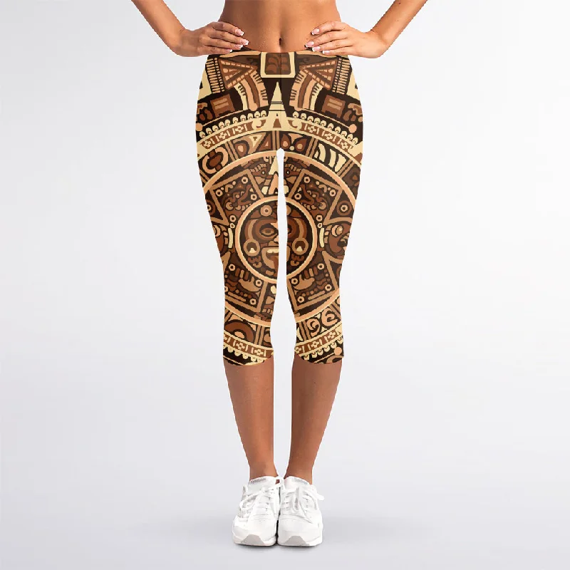 Huge Discounts Tribal Maya Calendar Print Women's Capri Leggings