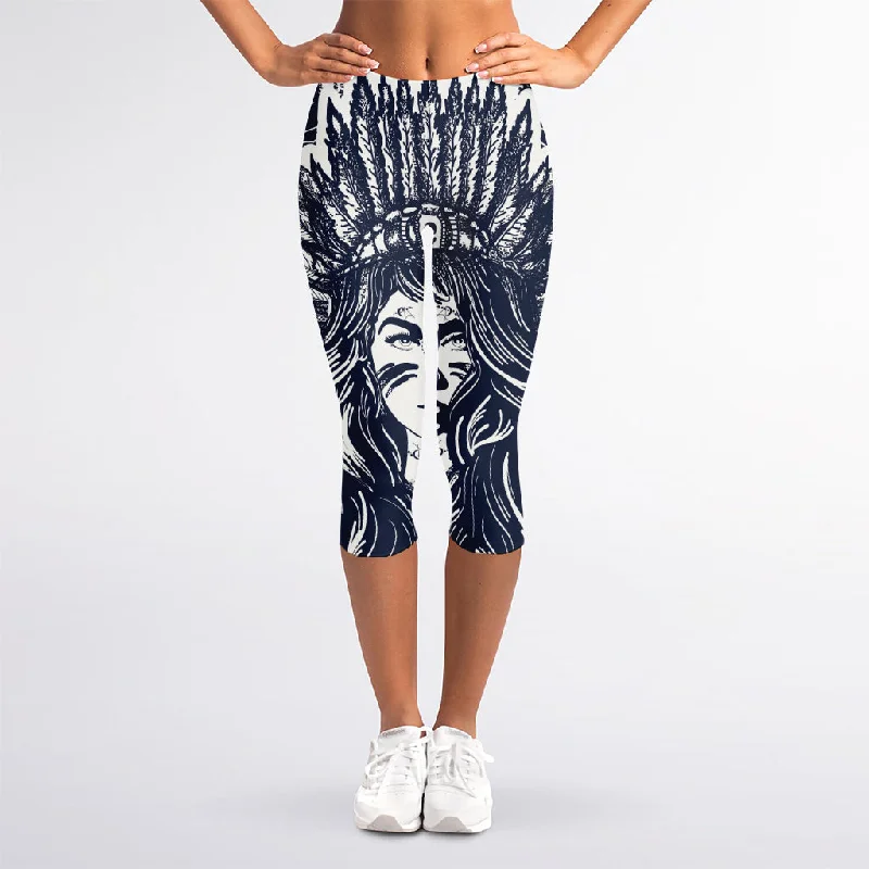 Deep Discounts Tribal Native Indian Girl Print Women's Capri Leggings