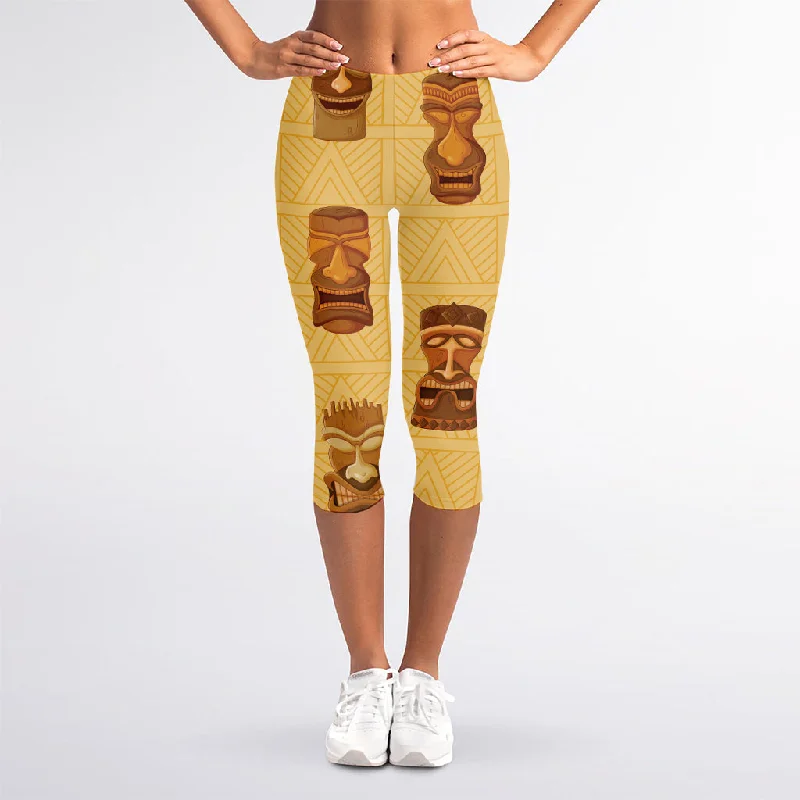 Incredible Offers Tribal Tiki Mask Pattern Print Women's Capri Leggings