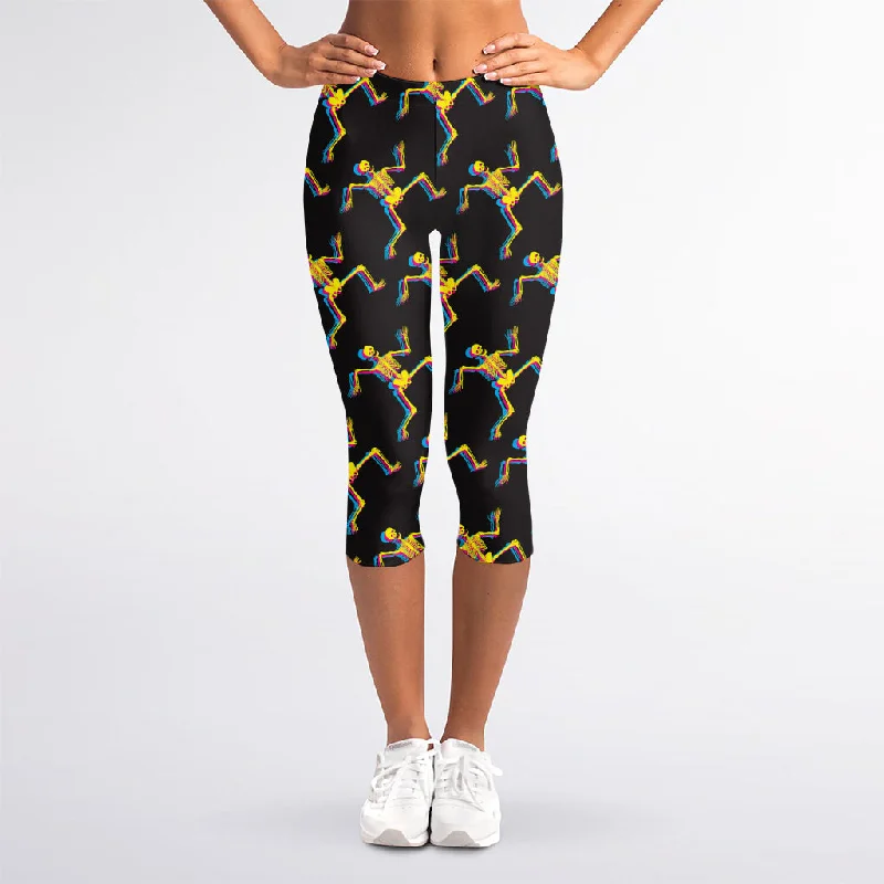 Final Sale Trippy Dancing Skeleton Pattern Print Women's Capri Leggings