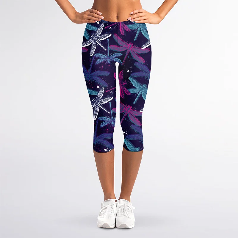 Act Now Trippy Dragonfly Pattern Print Women's Capri Leggings
