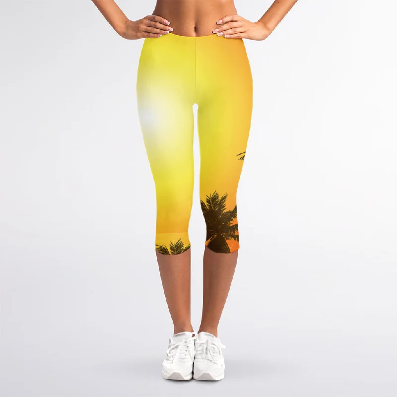 Shop and Save Tropical Beach Sunset Print Women's Capri Leggings