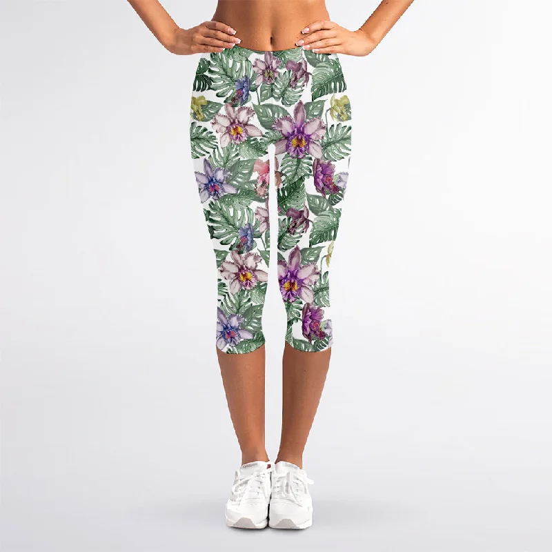 Price Reduction Tropical Cattleya Pattern Print Women's Capri Leggings