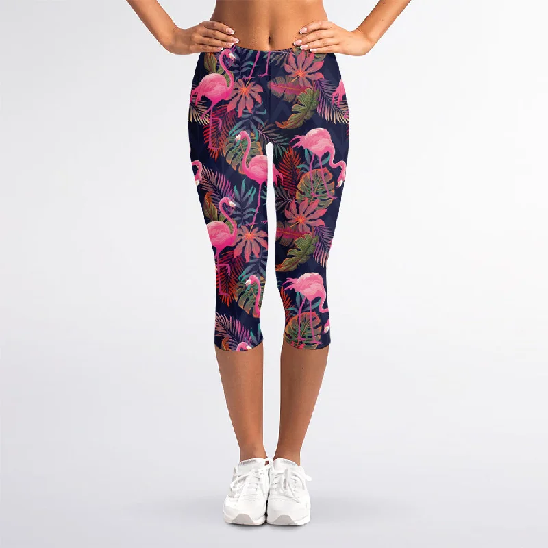Early Access Tropical Flamingo Aloha Pattern Print Women's Capri Leggings