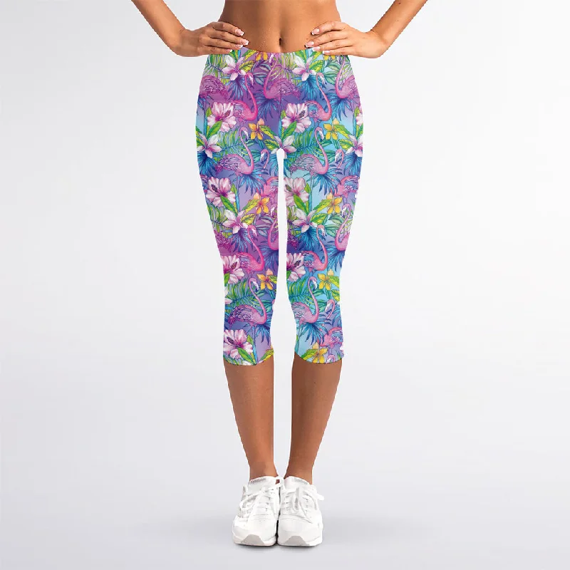 Major Savings Tropical Flamingo And Hibiscus Print Women's Capri Leggings
