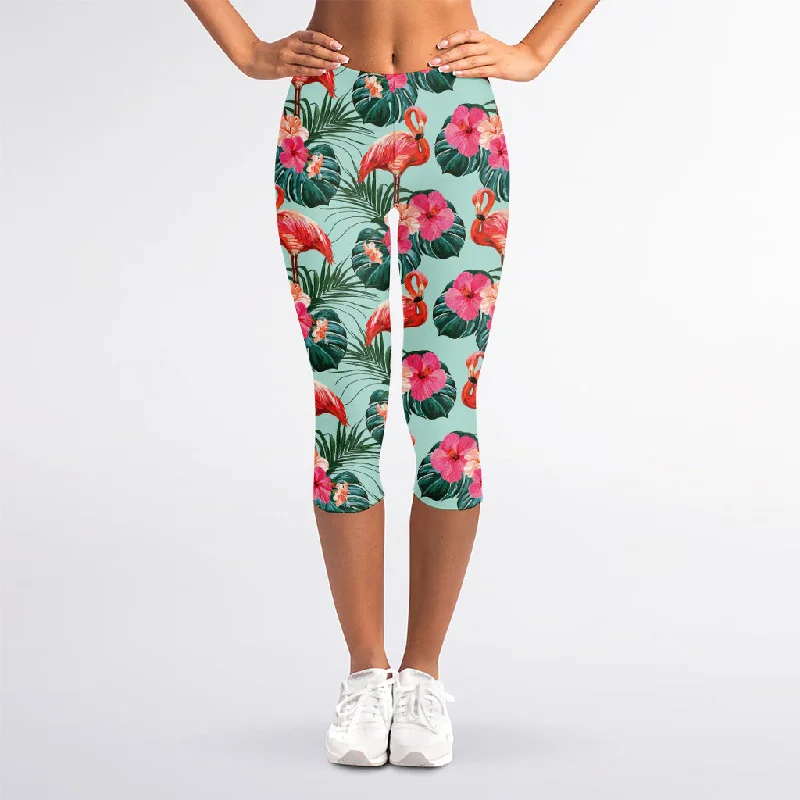 Limited Availability Tropical Floral Flamingo Pattern Print Women's Capri Leggings