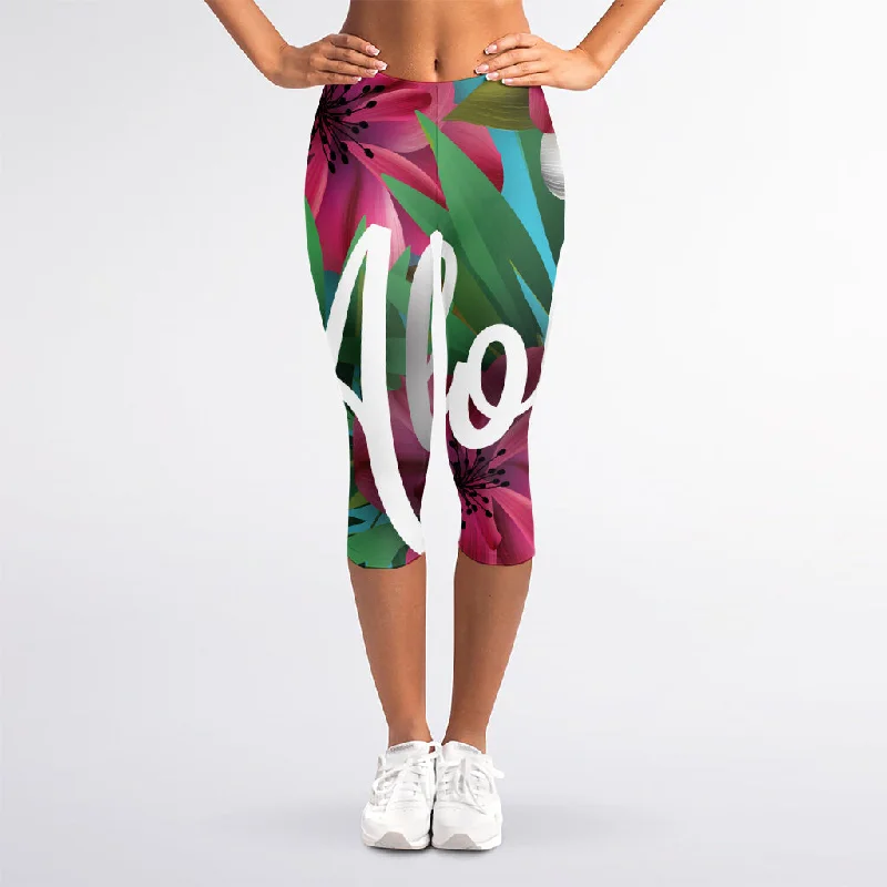 Hurry In Tropical Flower Aloha Print Women's Capri Leggings