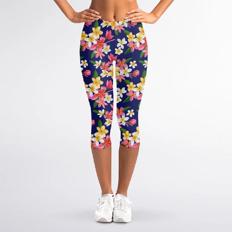 Extra Savings Tropical Frangipani Plumeria Print Women's Capri Leggings