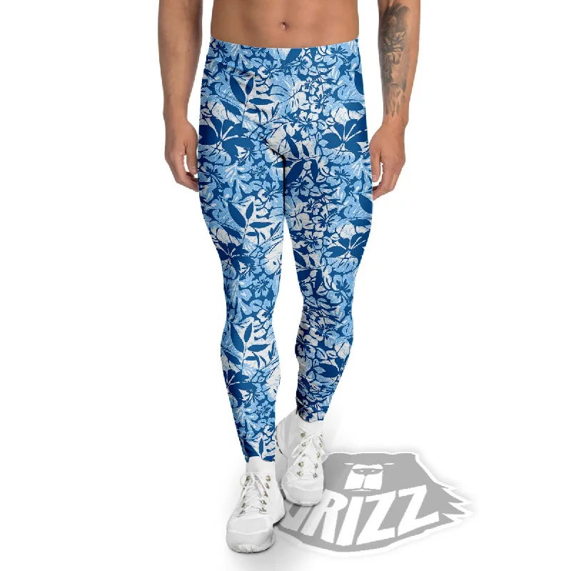 Deal Zone Tropical Hibiscus Blue Print Pattern Men's Leggings