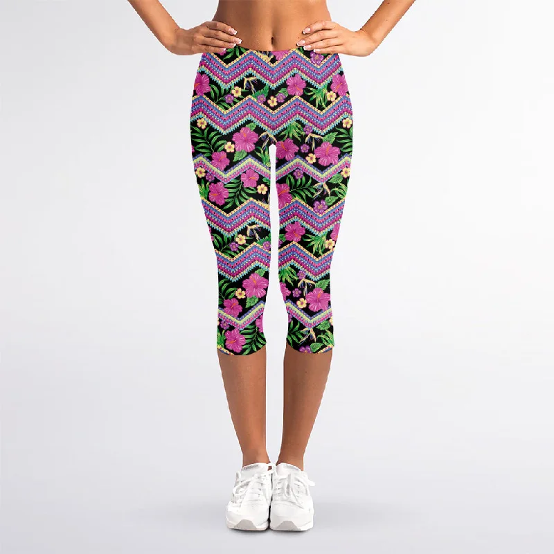 Closeout Tropical Hibiscus Flowers Aztec Print Women's Capri Leggings