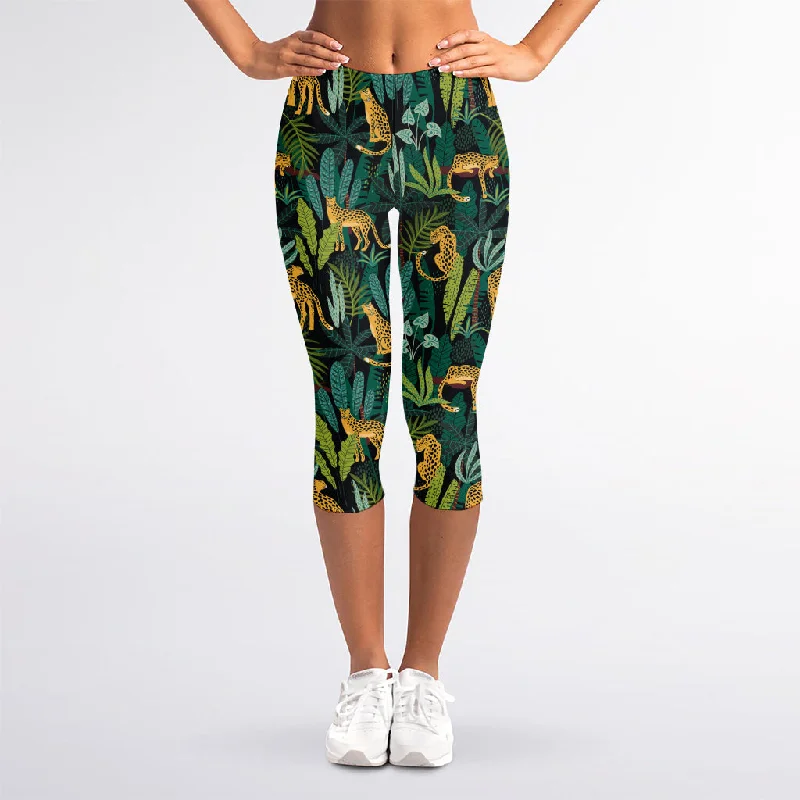 Price Drop Alert Tropical Jaguar Pattern Print Women's Capri Leggings