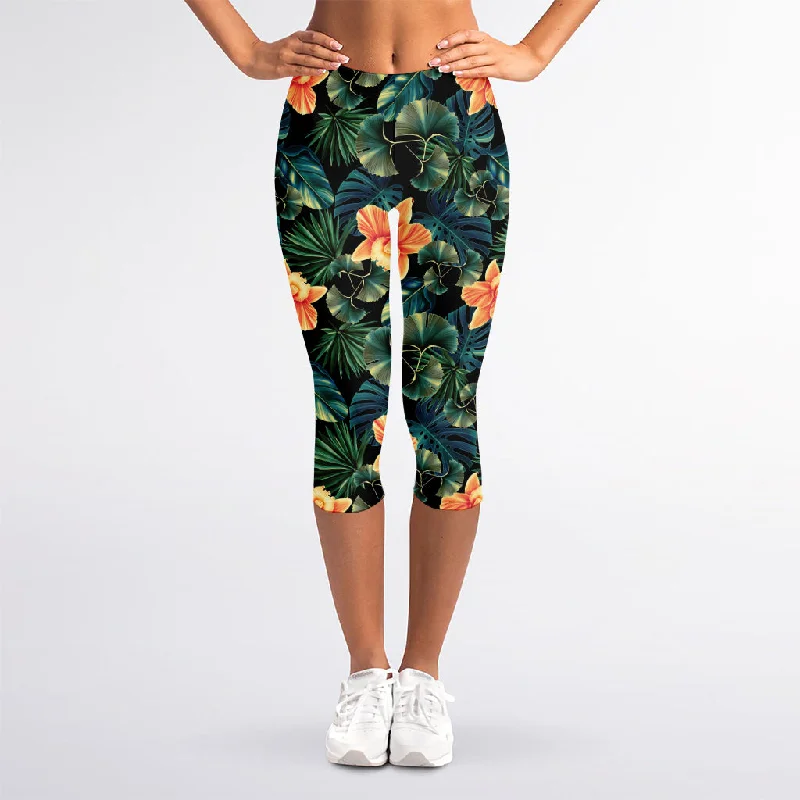Price Meltdown Tropical Leaf And Hawaiian Flower Print Women's Capri Leggings