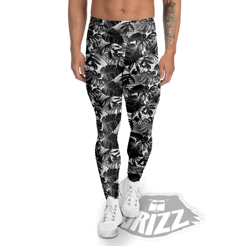 Factory Direct Sale Tropical Leaf Black White Print Pattern Men's Leggings