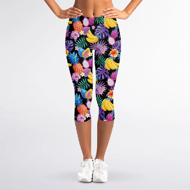 Deal Zone Tropical Palm And Hawaiian Fruits Print Women's Capri Leggings