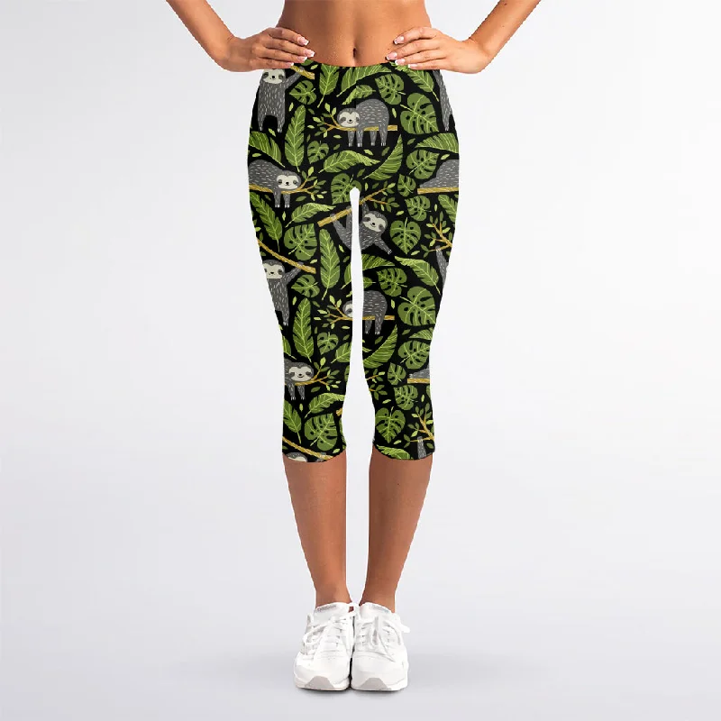 Friends and Family Sale Tropical Sloth Pattern Print Women's Capri Leggings