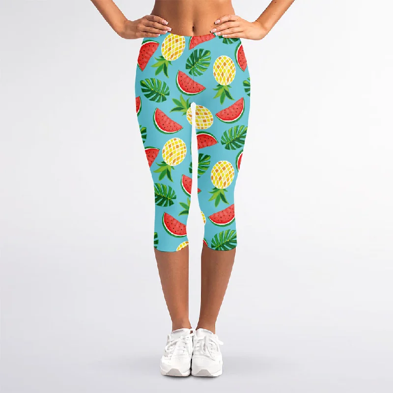 Price Drop Tropical Watermelon And Pineapple Print Women's Capri Leggings