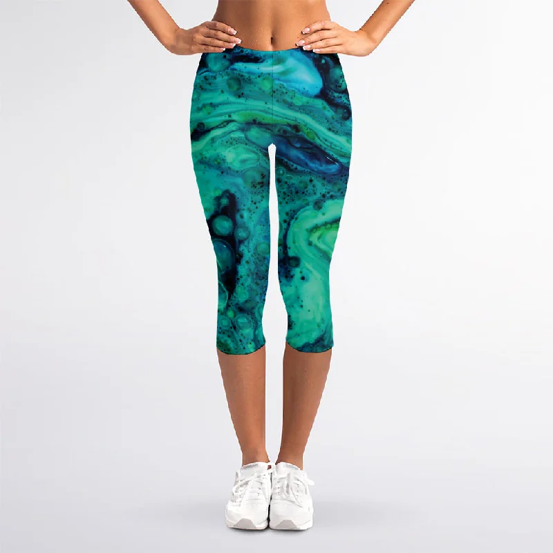 Early Bird Discount Turquoise Acid Melt Print Women's Capri Leggings