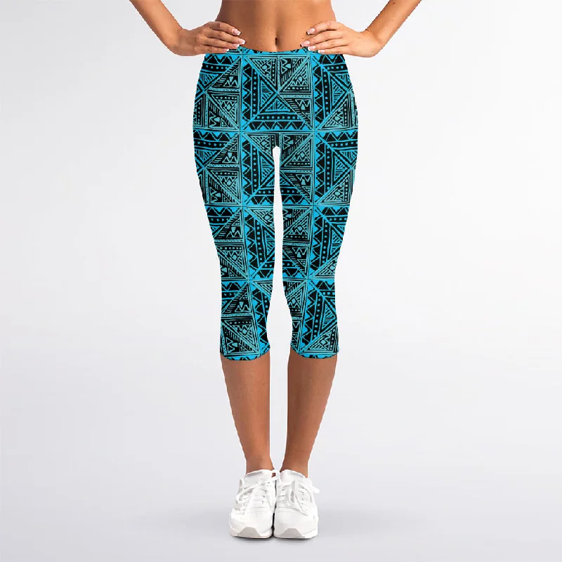 Seasonal Sale Turquoise African Ethnic Pattern Print Women's Capri Leggings