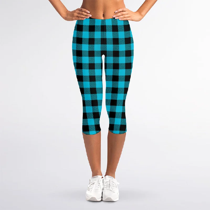 Special Offer Turquoise And Black Buffalo Check Print Women's Capri Leggings