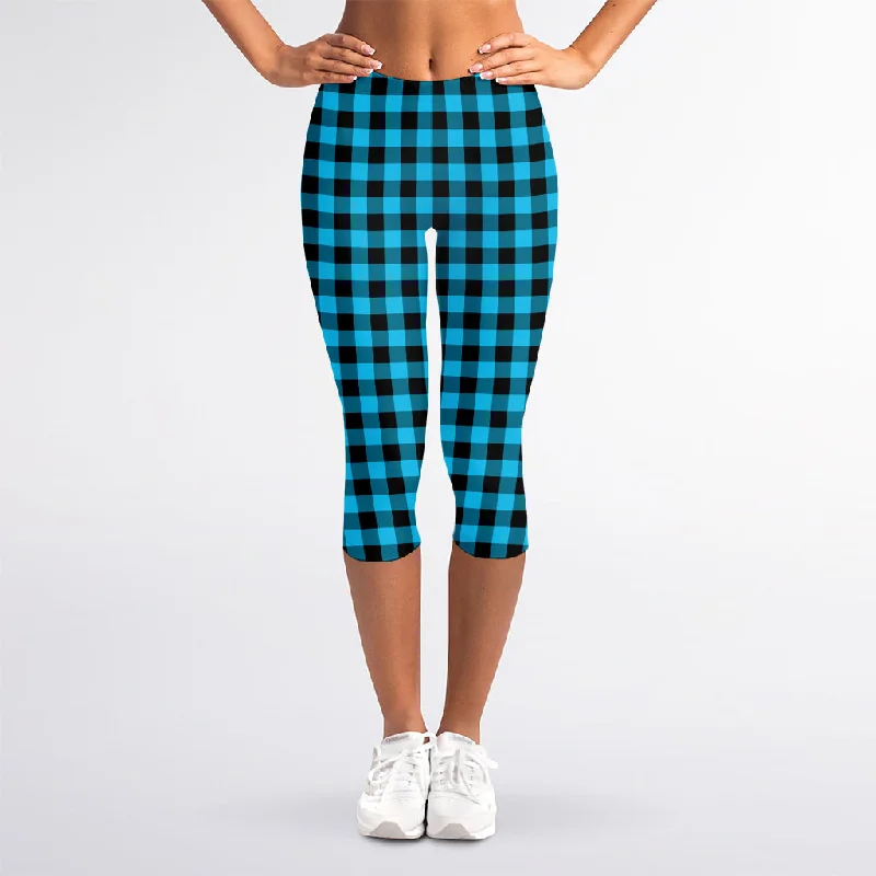 Year-End Sale Turquoise And Black Check Pattern Print Women's Capri Leggings