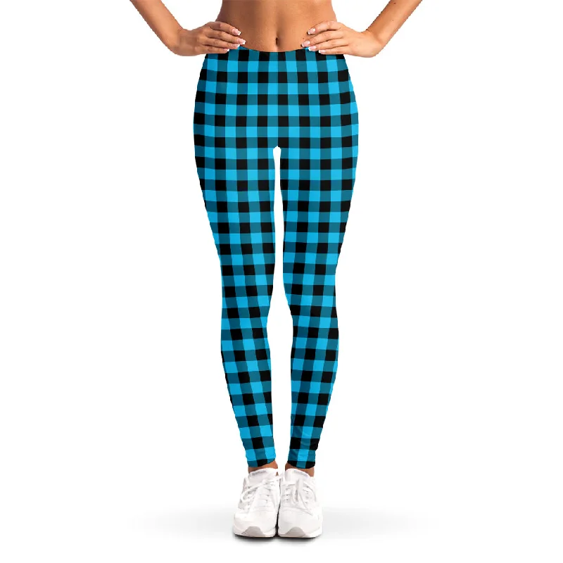 Final Clearance Turquoise And Black Check Pattern Print Women's Leggings
