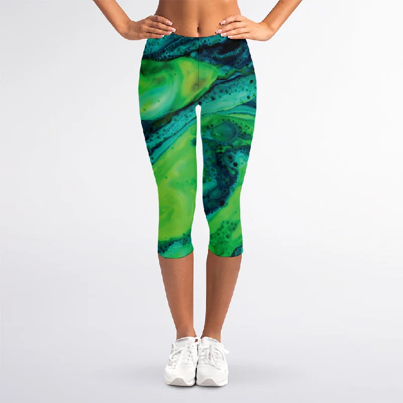 Best Seller Turquoise And Green Acid Melt Print Women's Capri Leggings