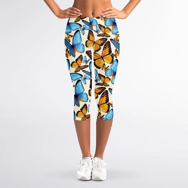 Take Advantage Turquoise And Orange Butterfly Print Women's Capri Leggings