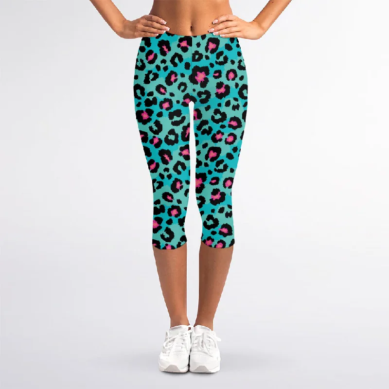 Exclusive Deal Turquoise And Pink Leopard Print Women's Capri Leggings
