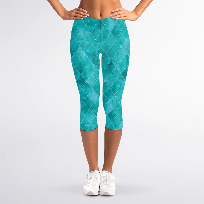 Unmissable Offer Turquoise Argyle Pattern Print Women's Capri Leggings