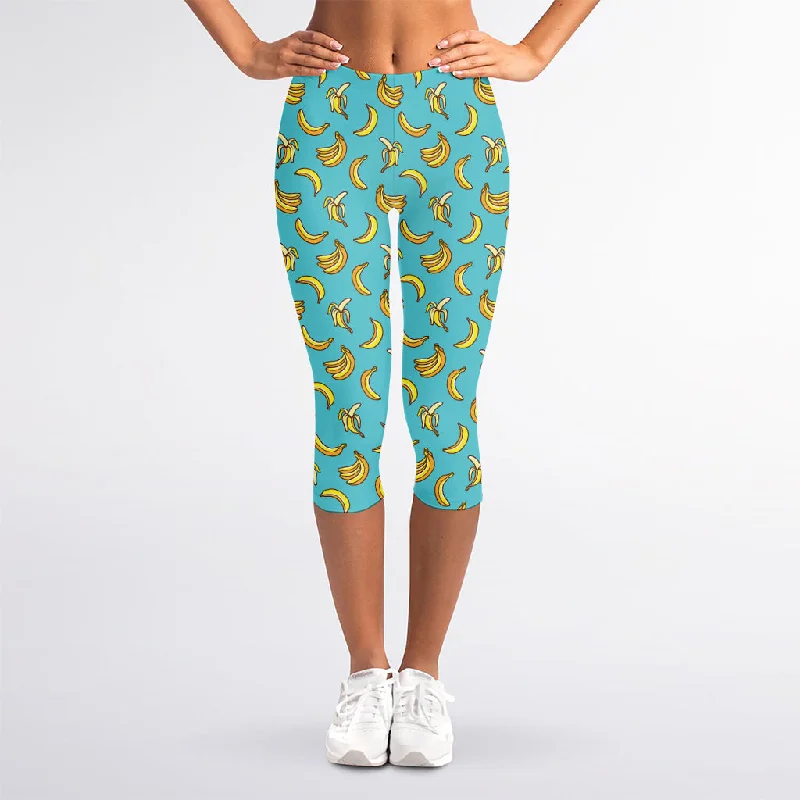 Time-Limited Offer Turquoise Banana Pattern Print Women's Capri Leggings