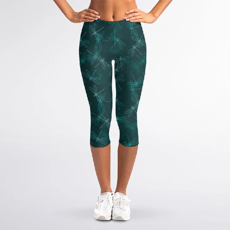 Super Bargain Turquoise Dragonfly Pattern Print Women's Capri Leggings