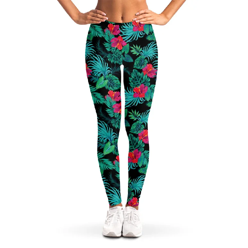 Factory Direct Sale Turquoise Hawaiian Palm Leaves Print Women's Leggings