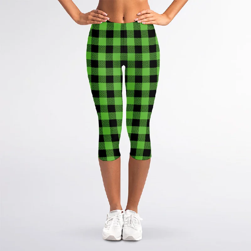 Incredible Offers UFO Green And Black Buffalo Check Print Women's Capri Leggings