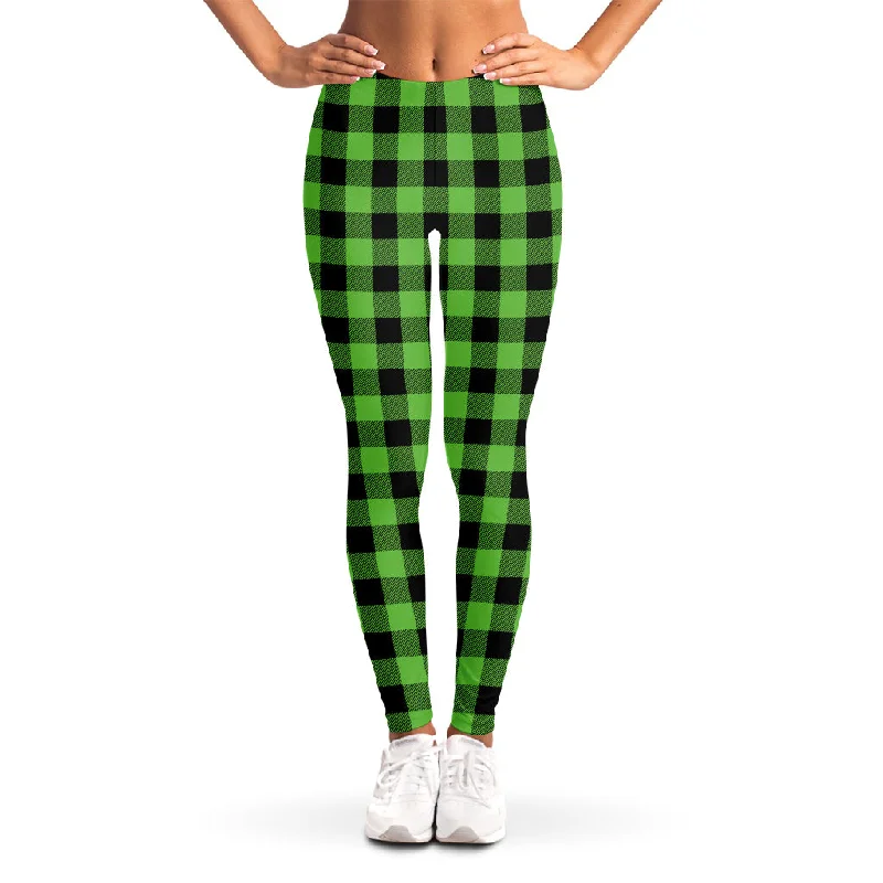 Weekend Flash Sale UFO Green And Black Buffalo Check Print Women's Leggings