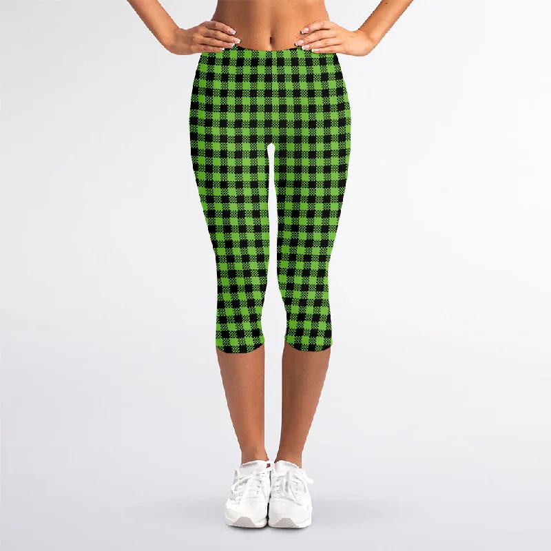 Special Savings UFO Green Buffalo Plaid Print Women's Capri Leggings