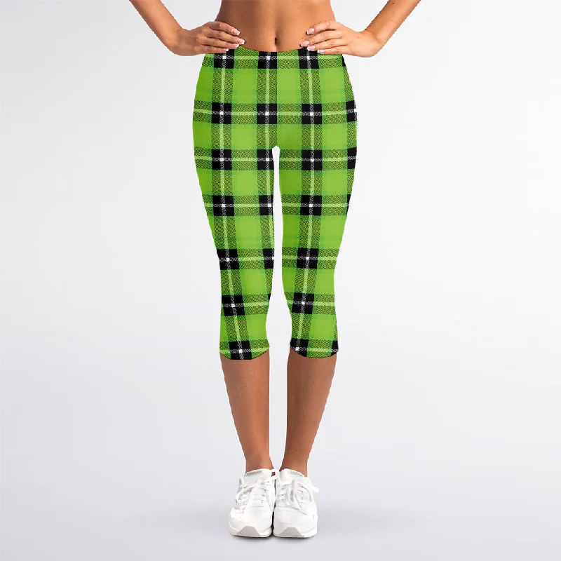 One-DAY Sale UFO Green Tartan Pattern Print Women's Capri Leggings