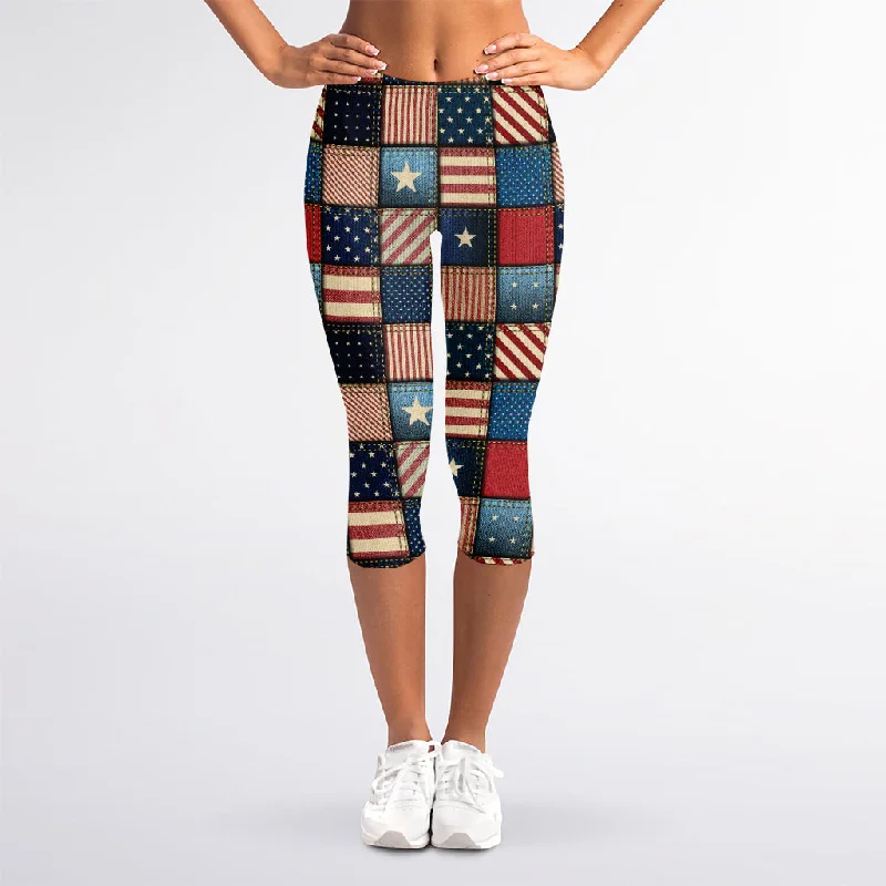 Blowout Deals USA Denim Patchwork Pattern Print Women's Capri Leggings