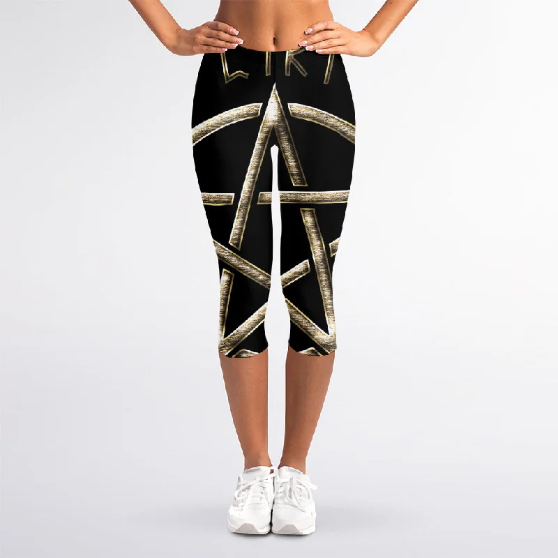 Bonus Savings Viking Nordic Runes Pentagram Print Women's Capri Leggings
