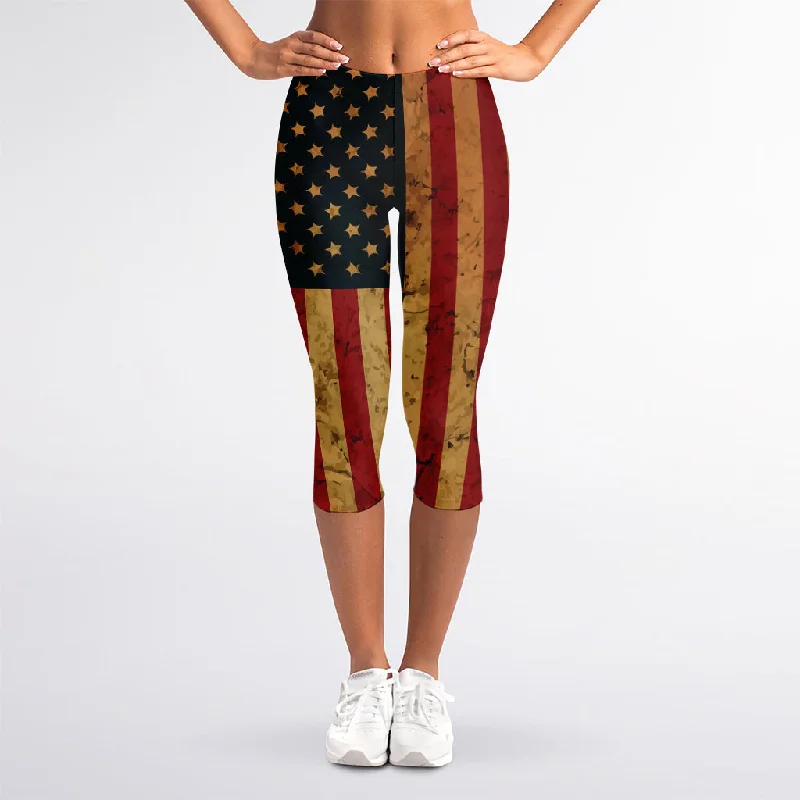 Savings Event Vintage American Flag Print Women's Capri Leggings