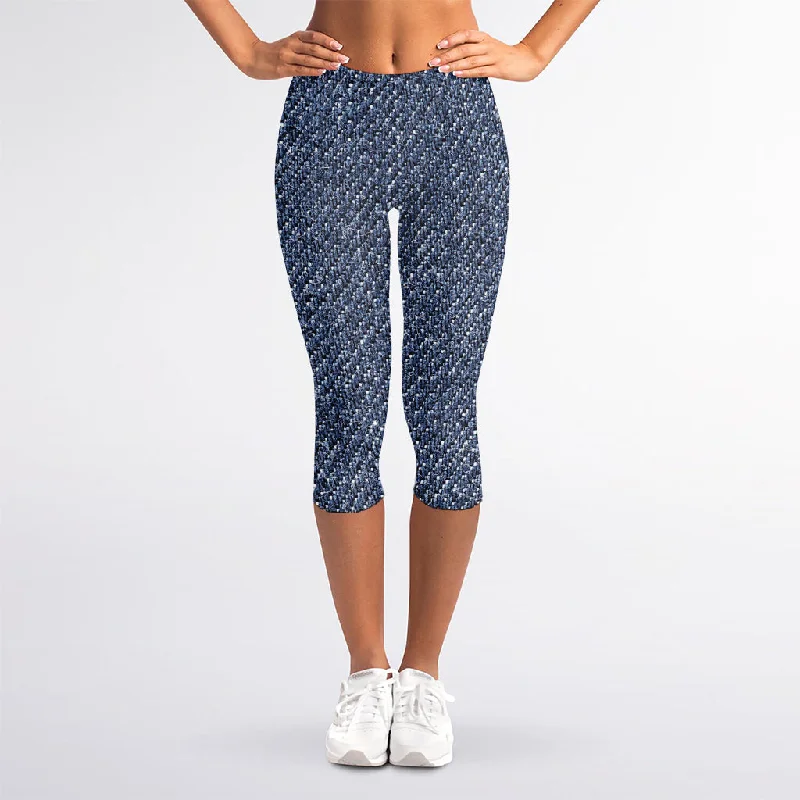 Factory Direct Sale Vintage Blue Denim Jeans Print Women's Capri Leggings