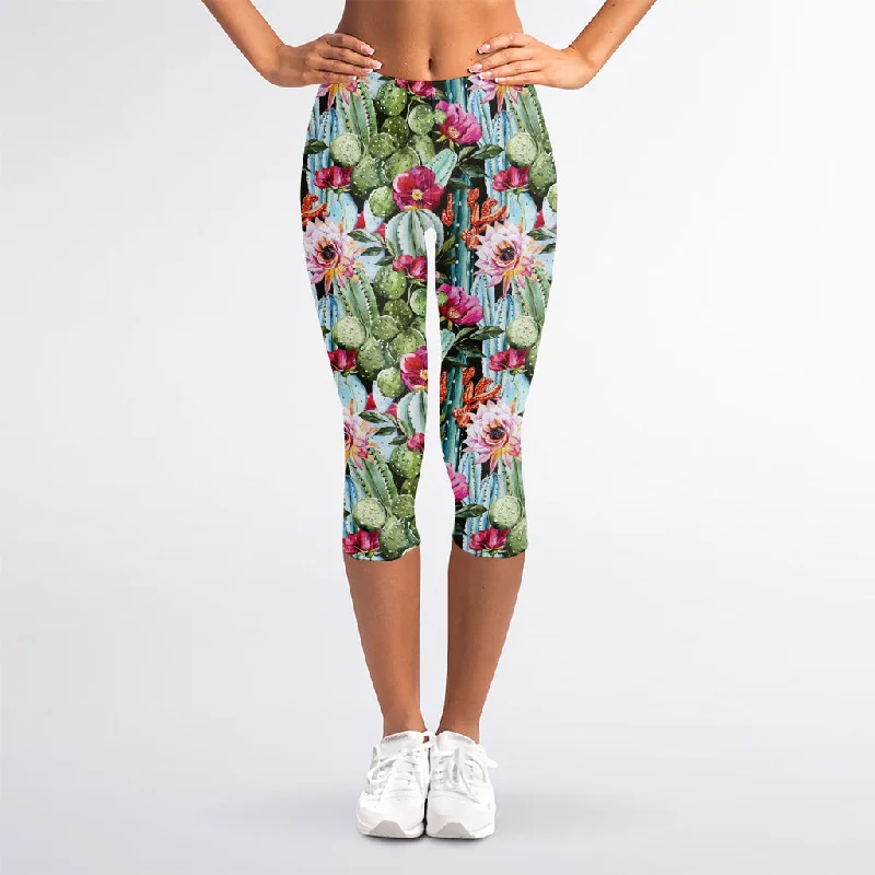 Sneak Peek Sale Vintage Cactus And Flower Print Women's Capri Leggings