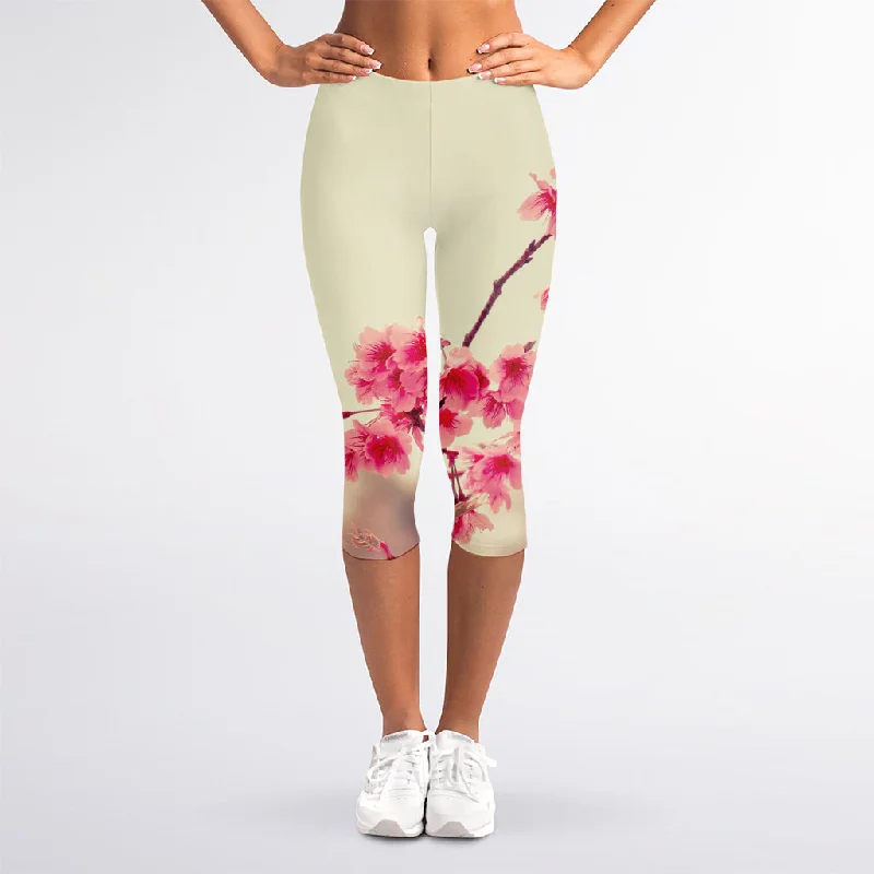 Customer Appreciation Sale Vintage Cherry Blossom Print Women's Capri Leggings