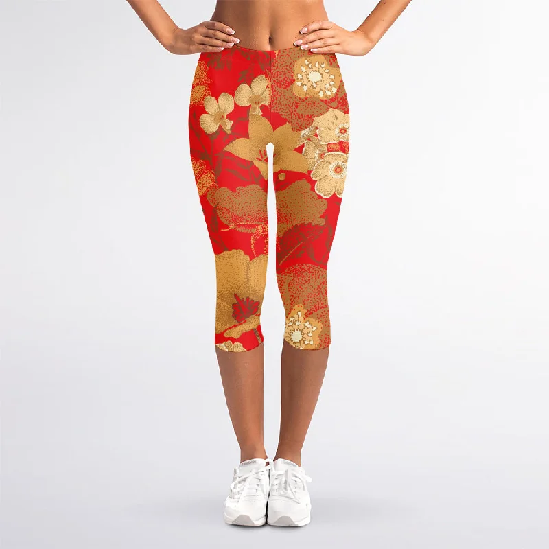 Year-End Sale Vintage Chinese Flower Print Women's Capri Leggings