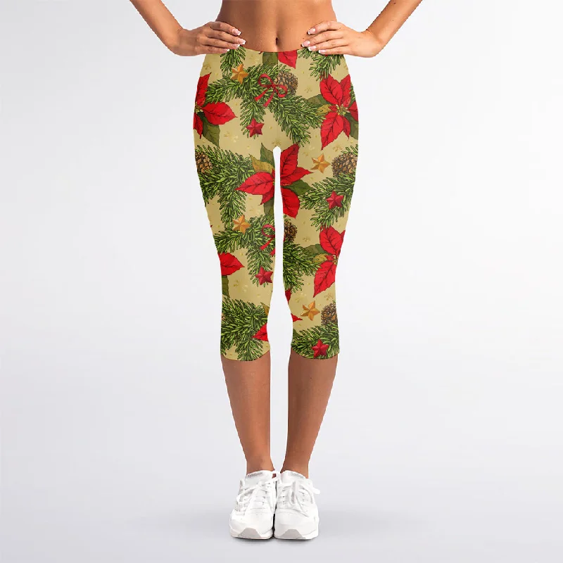 Exclusive Access Vintage Christmas Poinsettia Print Women's Capri Leggings