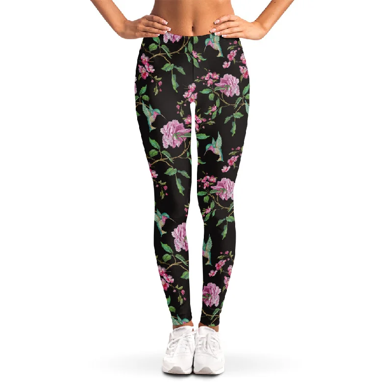 Extra Savings Vintage Floral Hummingbird Print Women's Leggings