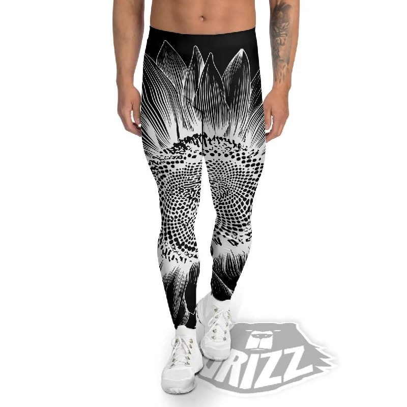 Midnight Sale Vintage Sunflower White And Black Print Men's Leggings