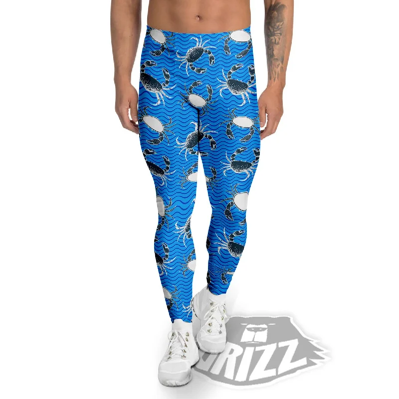 Flash Deals Wave Crab White And Blue Print Pattern Men's Leggings