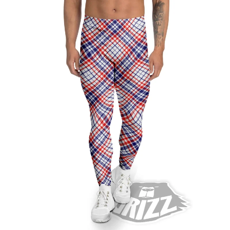 Super Sale White American Plaid And Blue Red Print Men's Leggings